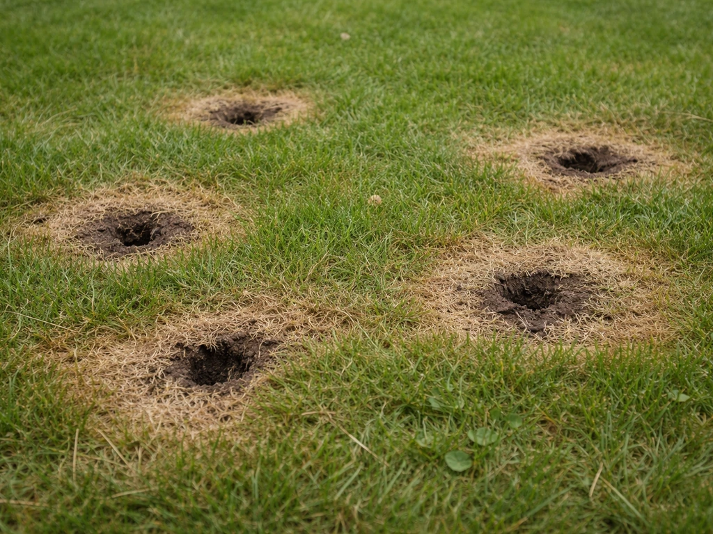 Gazon abîmé : taches jaunies et zones brûlées avec trous ronds ou ovales isolés.
