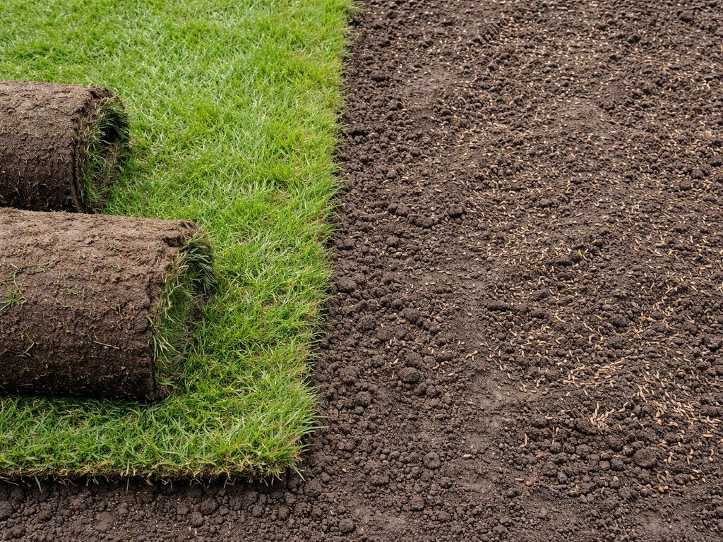 Deux options de pelouse : rouleaux de gazon posés sur terre humide et semis visible à côté.