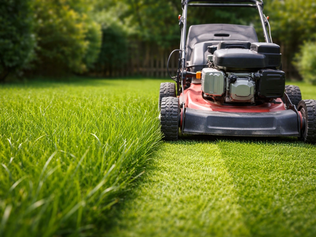 Tondeuse en action sur une pelouse : herbe légèrement haute avant, zone plus courte après.