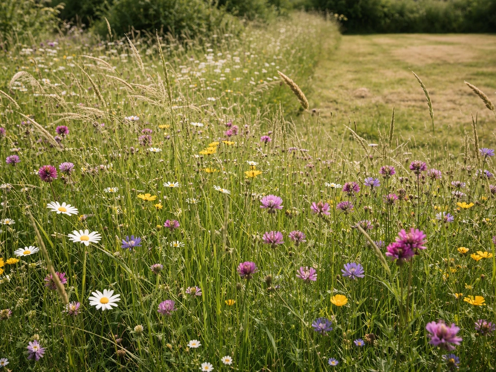 Prairie fleurie haute en France, graminées et fleurs sauvages, avec une bande fauchée visible au loin.