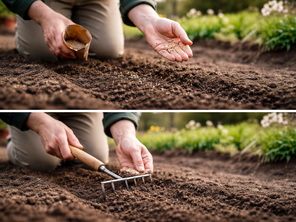 Semis au jardin : graines réparties à la main, puis léger griffage pour recouvrir, sol et fleurs en arrière-plan.