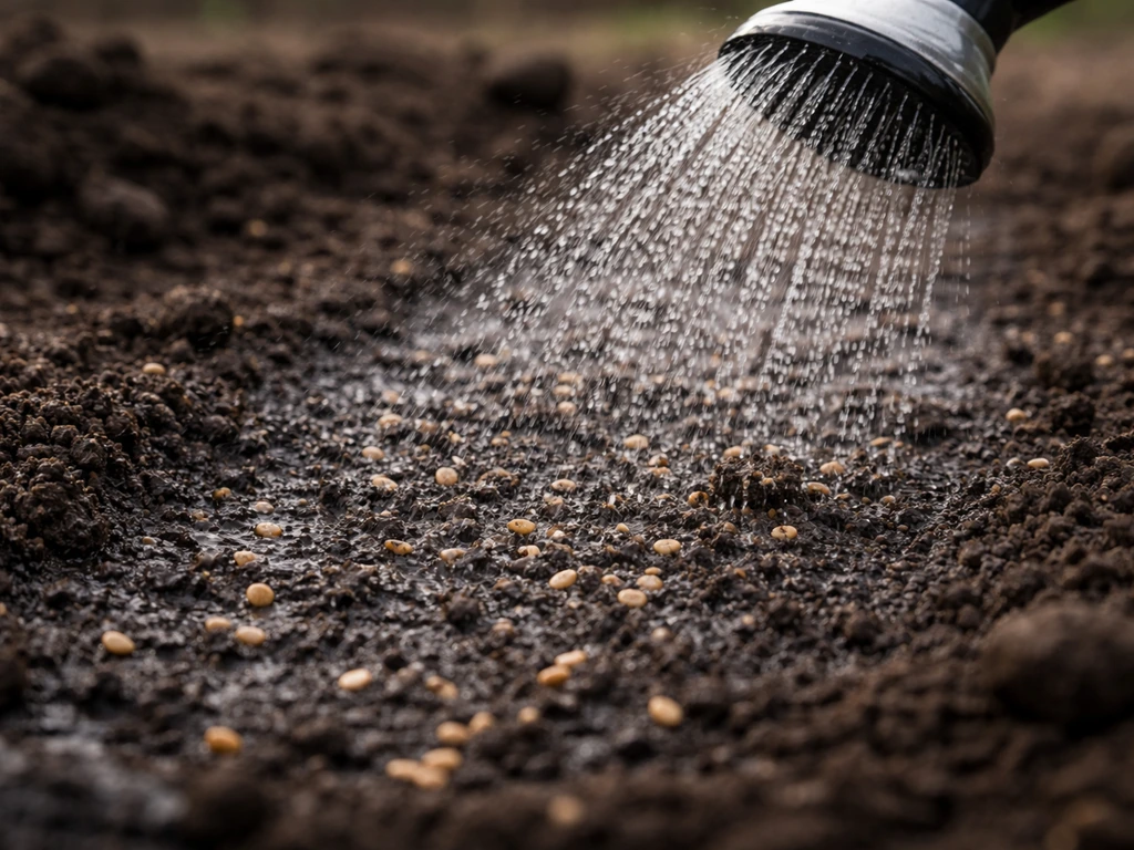 Arrosage en pluie fine sur une terre fraîchement semée, surface humide après le semis