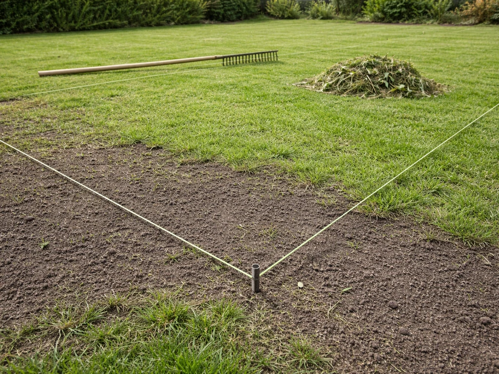Pelouse tondue et surface râtelée pour niveler : résidus ramassés, lignes de traçage au sol.
