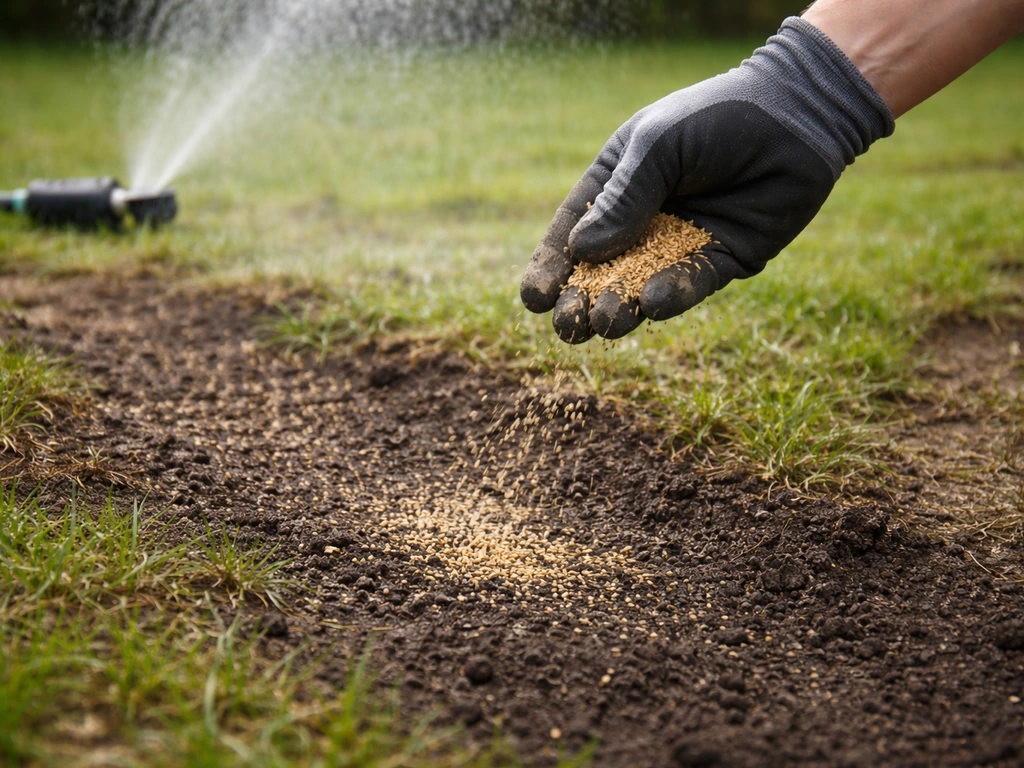 Main ensemence des graines de gazon sur une zone dénudée, arrosage en pluie fine juste après.