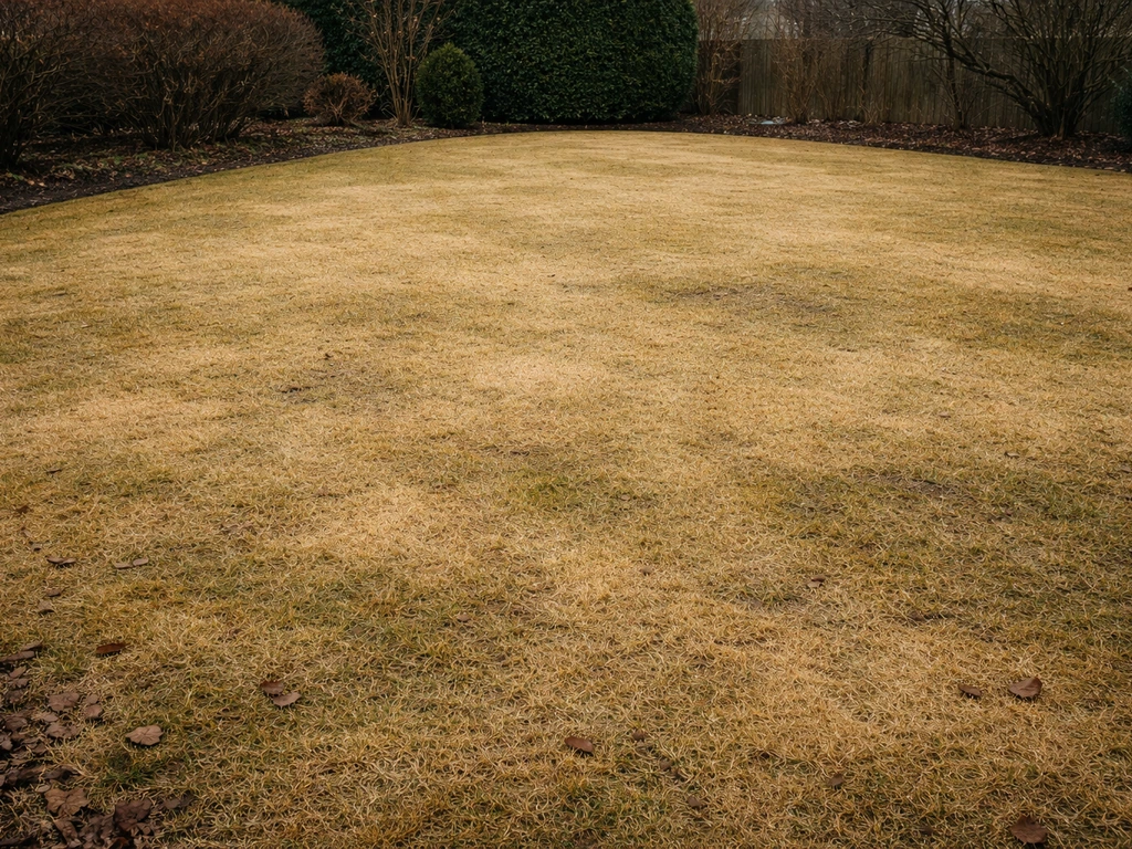 Pelouse jaunie en hiver avec zones uniformes et démarcations suspectes, jardin français, vue large