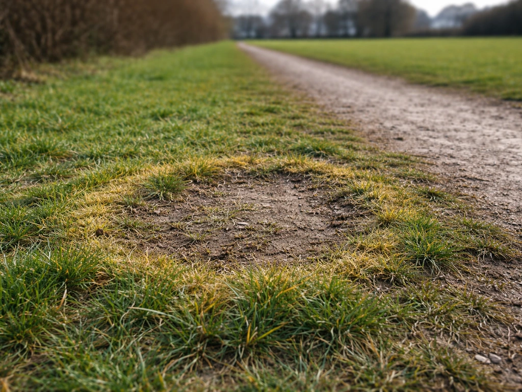 Bord d’allée avec anneau jaune puis pelouse dénudée, traces d’usure liées à un passage répété.