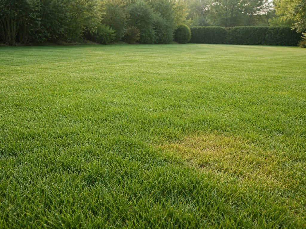 Pelouse verte dense avec une petite zone légèrement jaunie, ambiance jardin résidentiel en France.