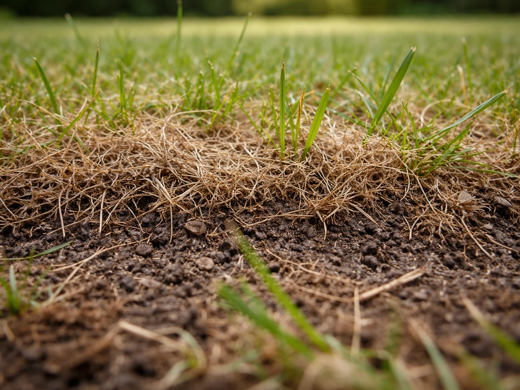 Vue rapprochée d’une pelouse avec une couche brune de feutrage entre la terre et les brins d’herbe.