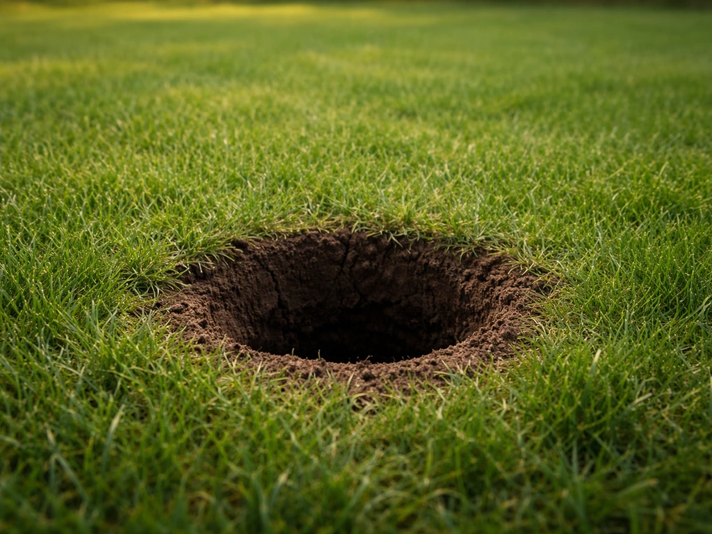 Gazon avec trou bien visible, herbe saine autour, sol légèrement découpé près du point à réparer.