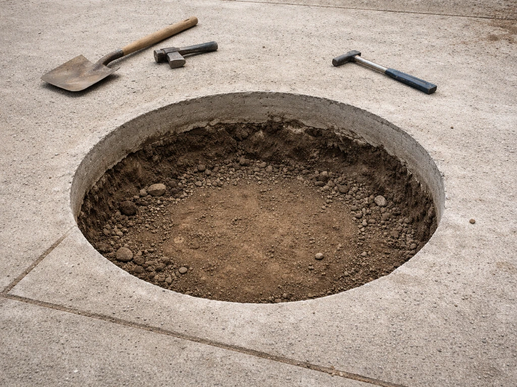 Trou dans une dalle de béton, bords découpés proprement et fond préparé avec terre ameublie.