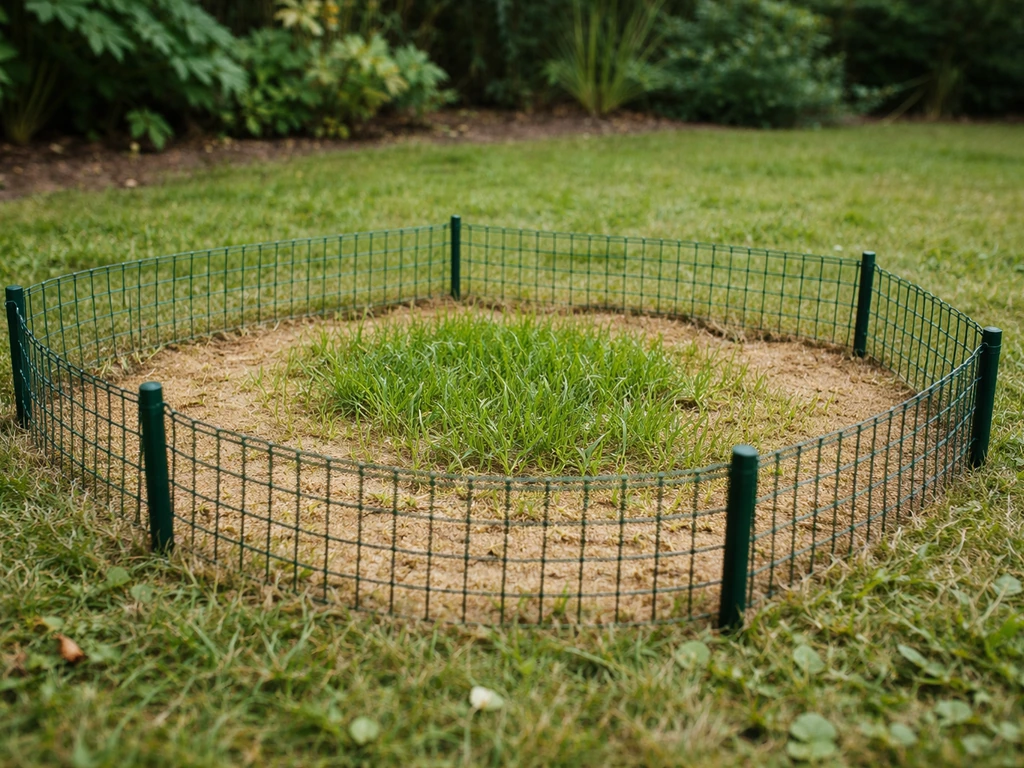Gazon en cours de régénération, protégé par une petite bordure discrète contre le piétinement.