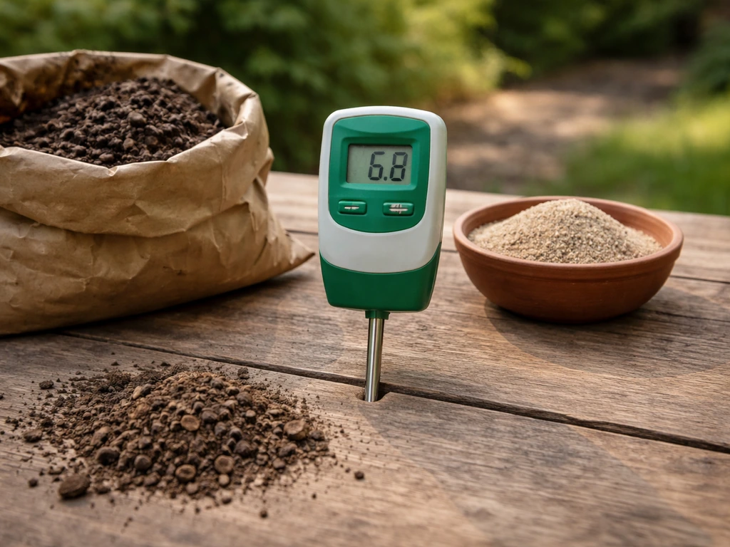 Test de pH du sol près de compost et sable grossier, sur une table en bois, ambiance jardin discrète.