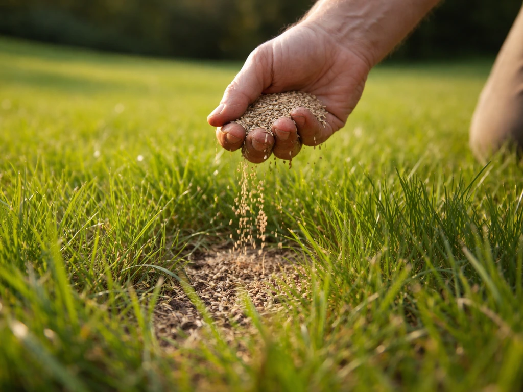 Épandage régulier de graines sur une pelouse verte en septembre, à la main, sol en contact.