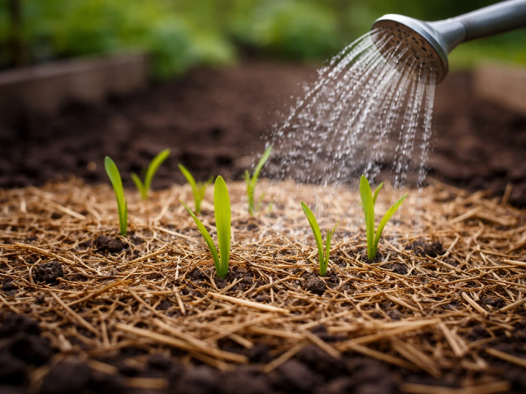 Jeunes pousses après germination, paillage fin à la paille et arrosage en pluie très légère.
