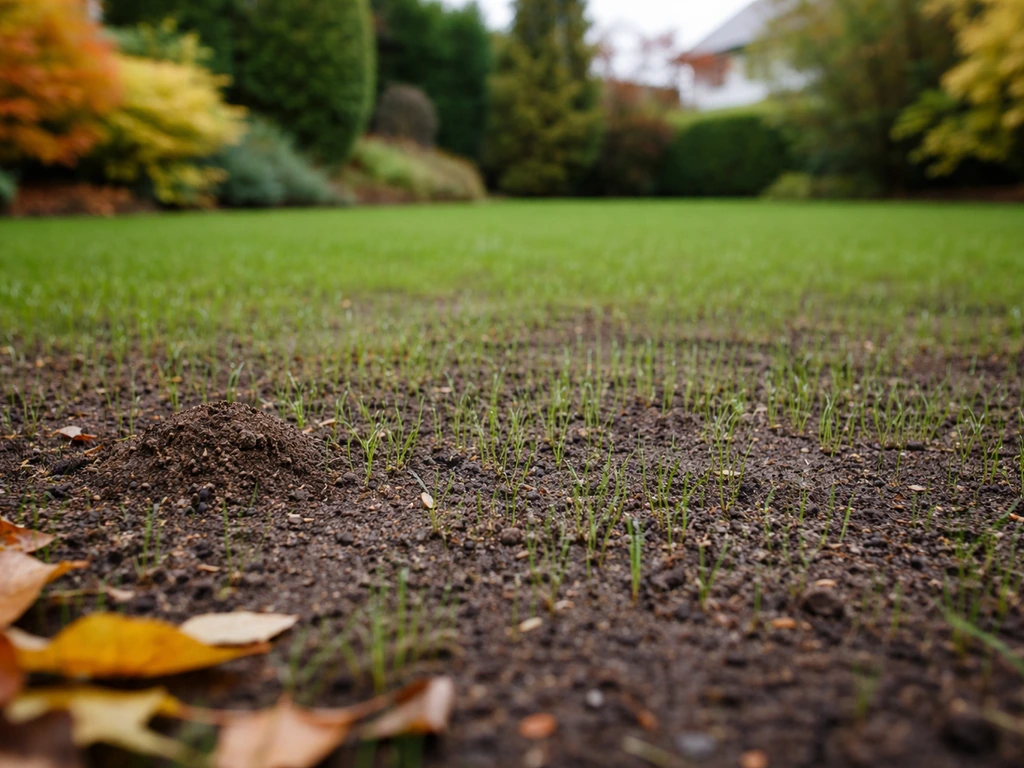 Pelouse regarnie à l’automne, jeunes pousses vertes et feuillage automnal, sol fraîchement préparé.