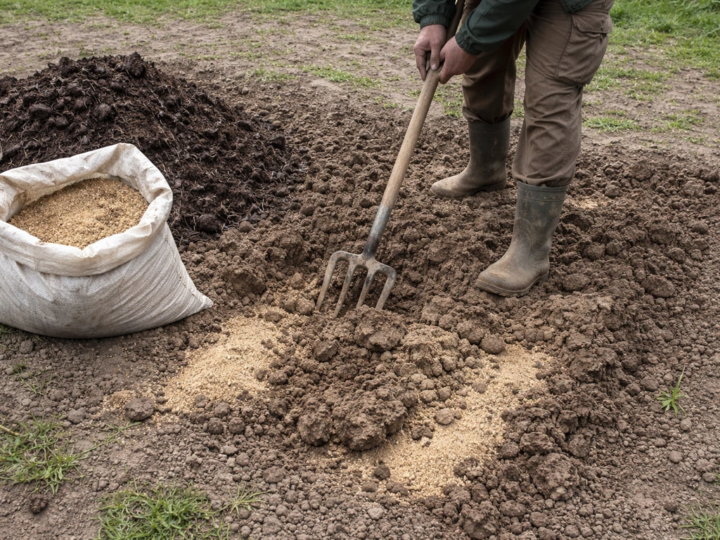 Jardinier anonyme travaillant un sol argileux humide avec une fourche-bêche, compost et sable en tas près du mélange.
