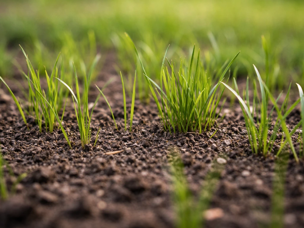 Gros plan sur des brins d’herbe de pelouse pour semis d’automne, sol visible et vert naturel.