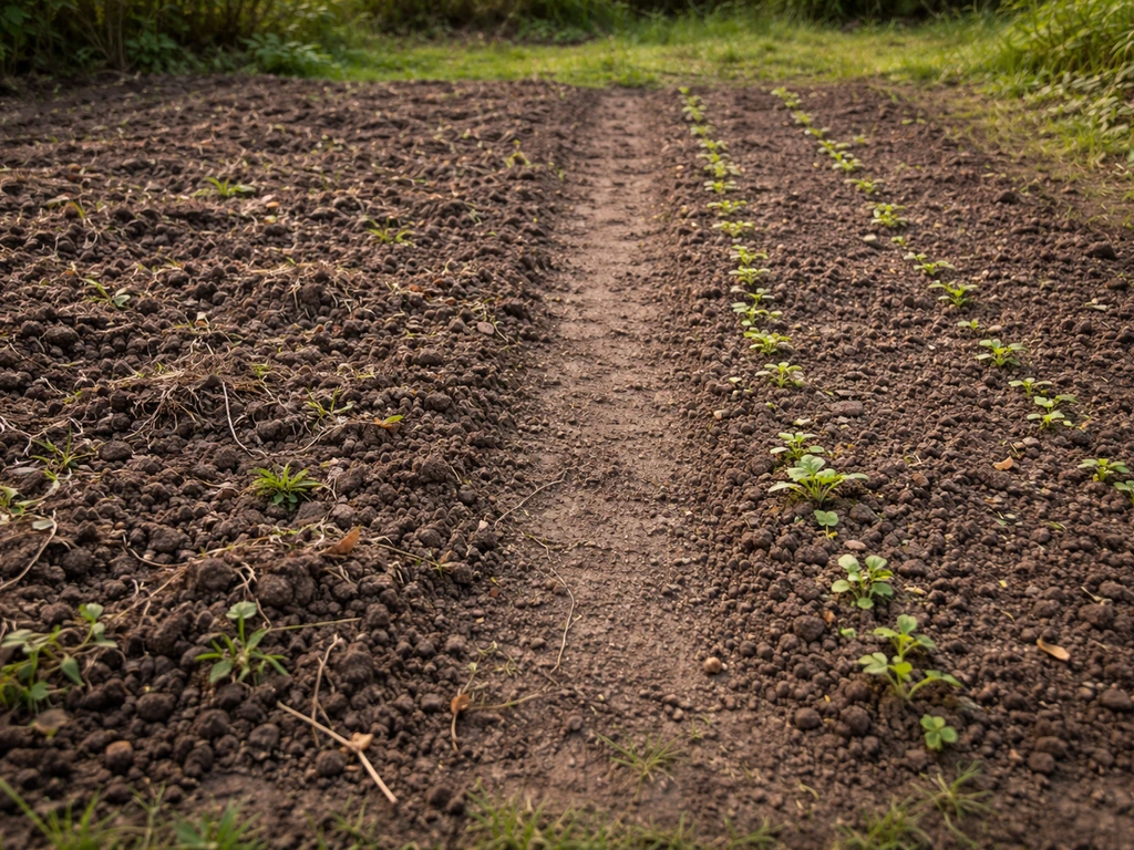 Plan de jardin avec deux zones : sol nu non préparé et autre clairsemée après semis tardif