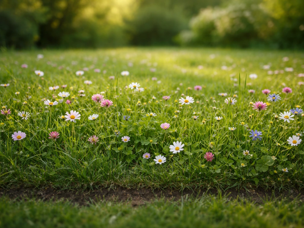 Gazon fleurie bas réussi avec petites fleurs et graminées, bordure de jardin au premier plan, fin de printemps.