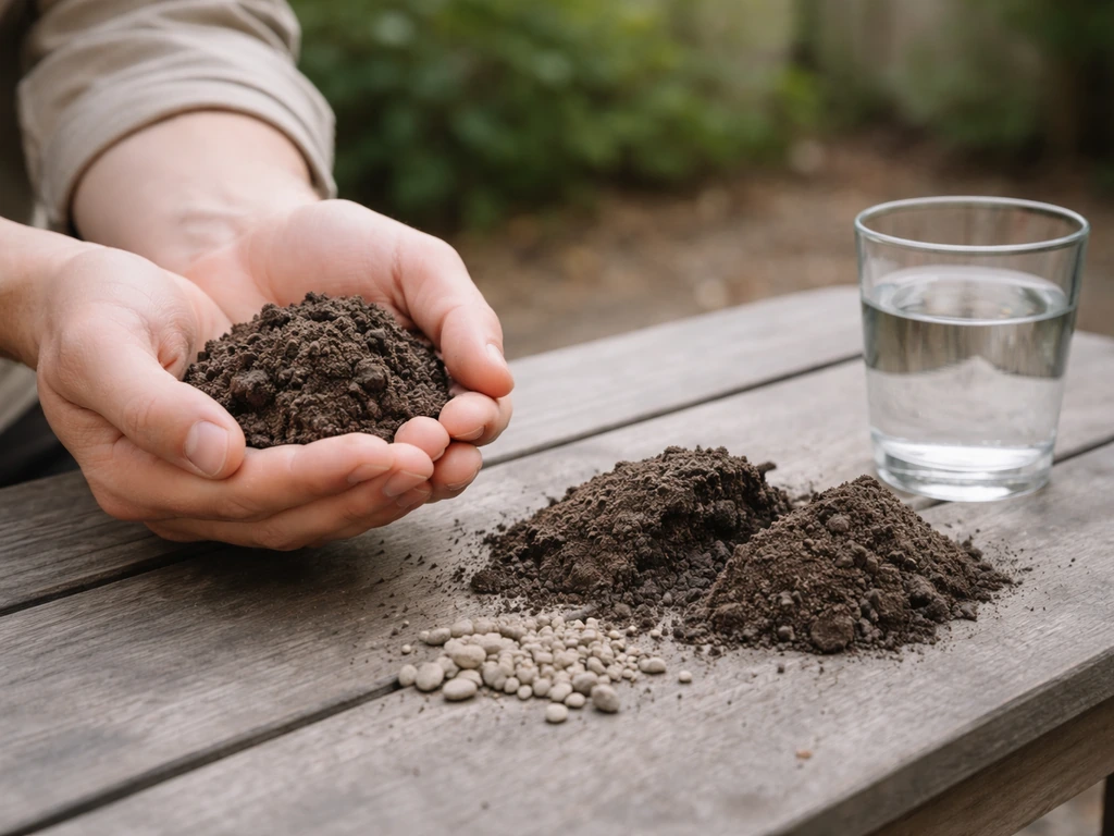 Main tenant un petit échantillon de terre, à côté d’un sac de jardin et d’une pierre, pour évoquer le type de sol