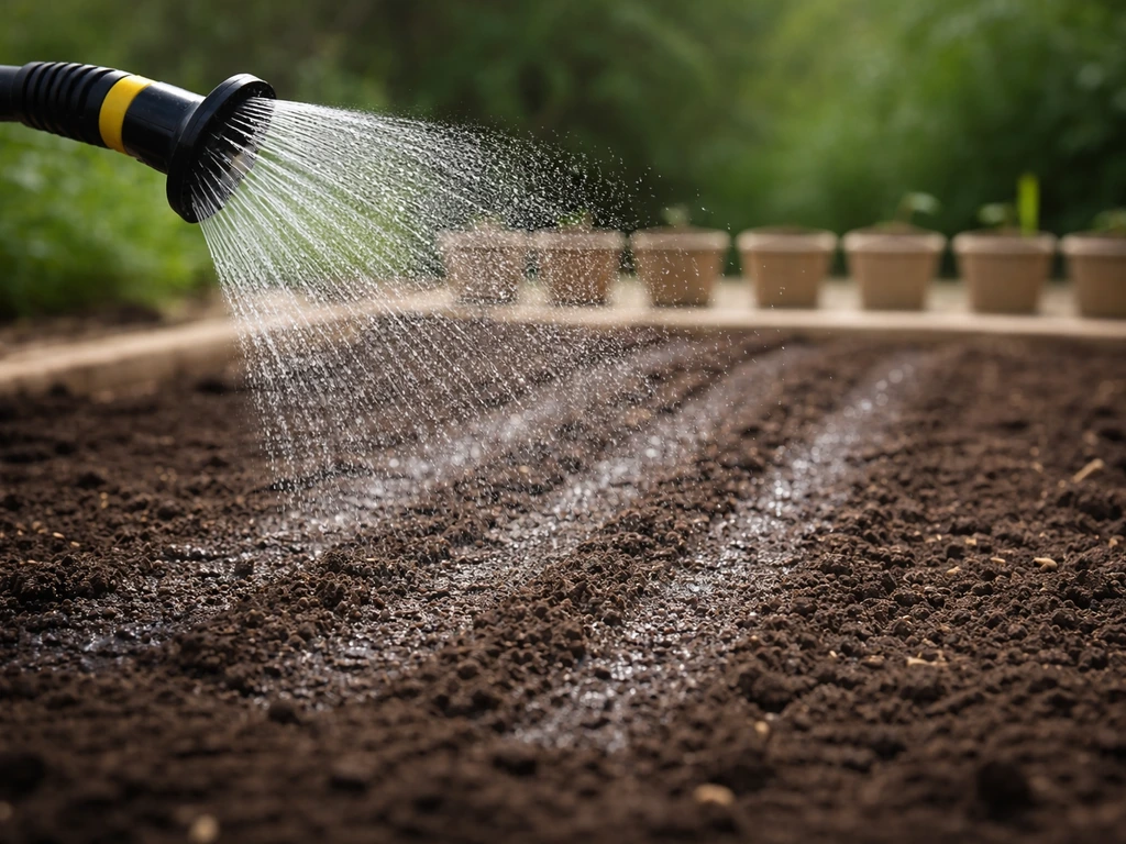 Arroseur diffusant une pluie fine sur une terre fraîchement semée, sol humide sans flaques, jardin potager minimal.