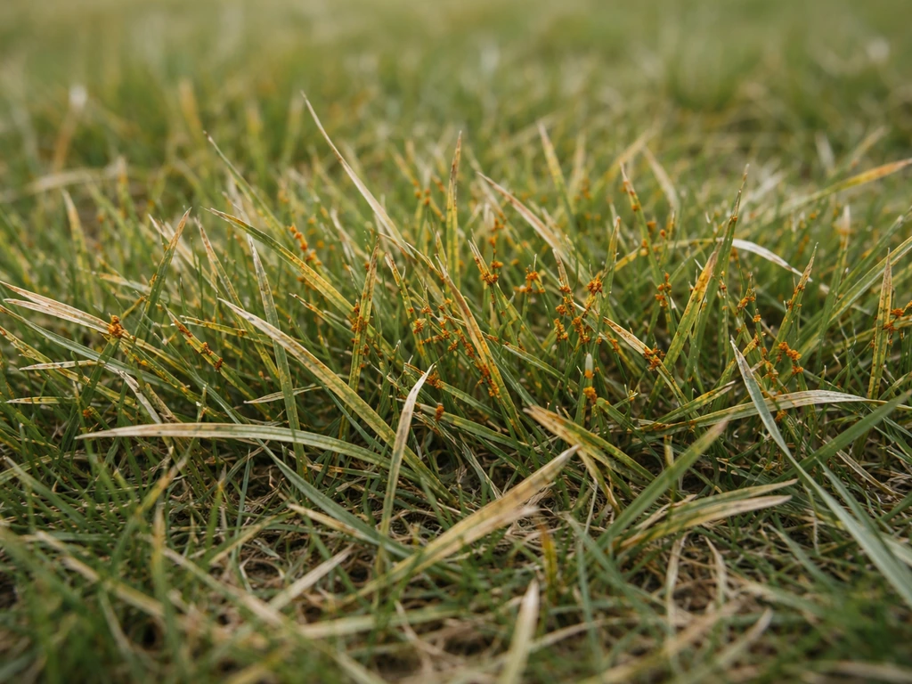 Gros plan de brins de gazon ternes et jaunâtres avec petites taches orangées évoquant la rouille
