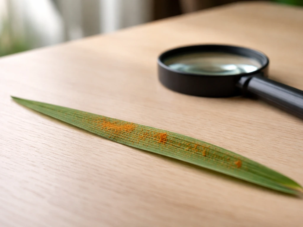 Gros plan sur une feuille de gazon montrant une poudre orange de rouille, examinée à la loupe.
