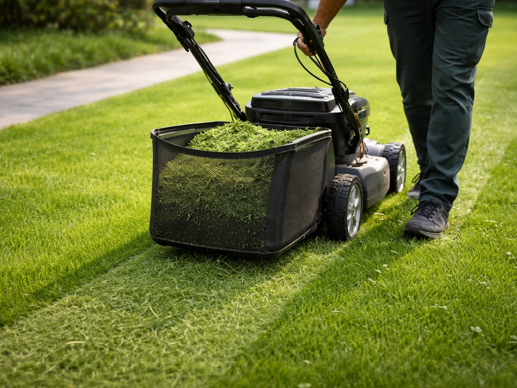 Un jardinier tond une pelouse à hauteur d’environ 5–6 cm, avec bac de ramassage rempli de tontes.