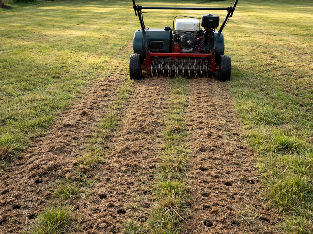 Un scarificateur à gazon utilisé sur une pelouse, avec sol marqué par des résidus et des trous d’aération visibles.
