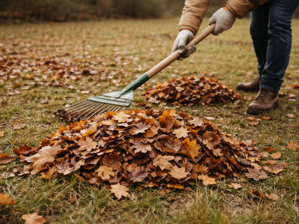 Une main ratisse des feuilles mortes sur une pelouse, lumière d’automne, gazon partiellement vert.