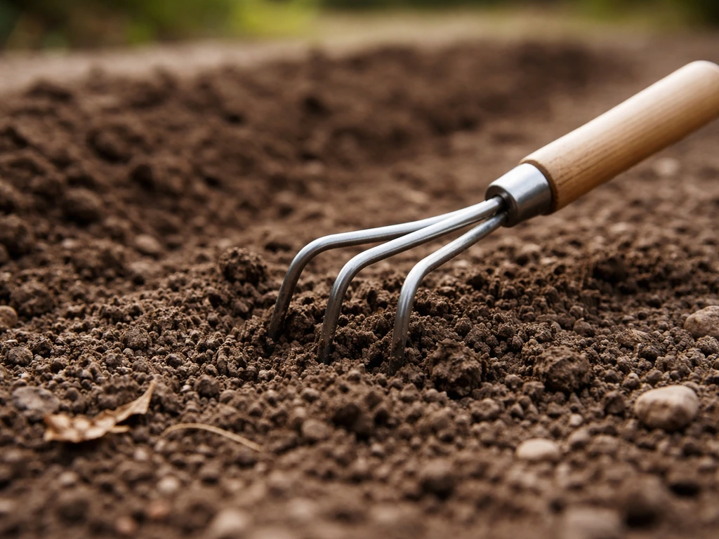 Main avec une griffe de jardin qui travaille un sol émietté en surface, près de pierres retirées, prêt à semer.