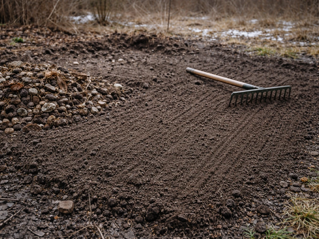Sol de jardin en hiver en préparation, grelinette/râteau à côté et surface ratissée pour semis.