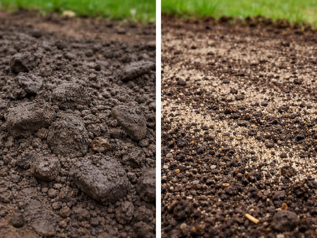 Comparaison avant/après : sol argileux sombre à gauche, sable et compost mélangés à droite pour aérer le sol.