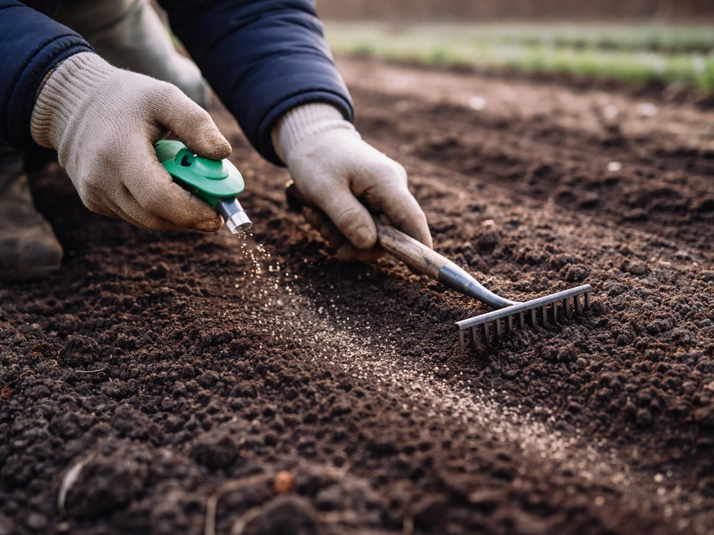 Mains gantées épandant des graines au potager en hiver, recouvertes légèrement avec un râteau fin.