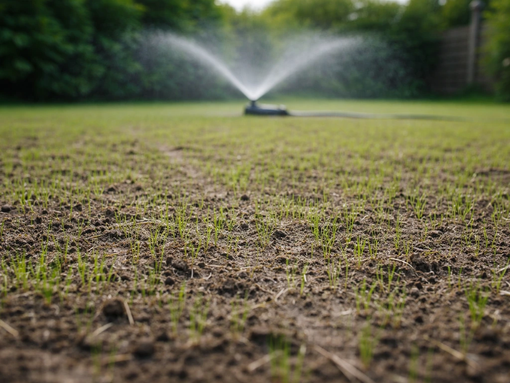 Jeunes pousses de gazon après semis, sol encore visible et arrosage discret dans un jardin.