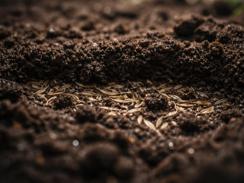 Graines de gazon dans une terre humide, proches de la surface, donnant l’impression de germination.
