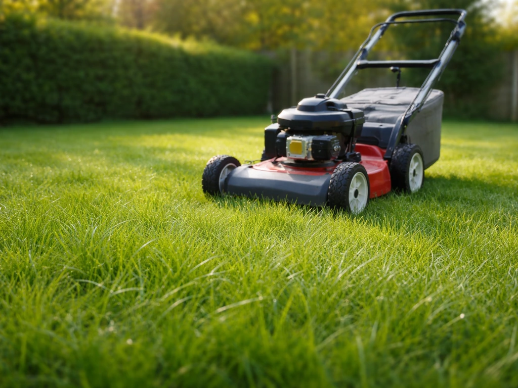 Jeune pelouse de 8 à 10 cm et tondeuse réglée à hauteur moyenne, dans un jardin calme