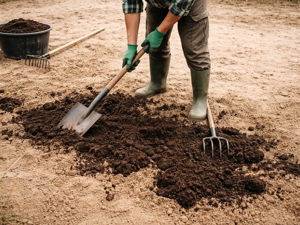 Personne anonyme incorporant du compost dans un sol sableux avec bêche et griffe, chantier minimal.