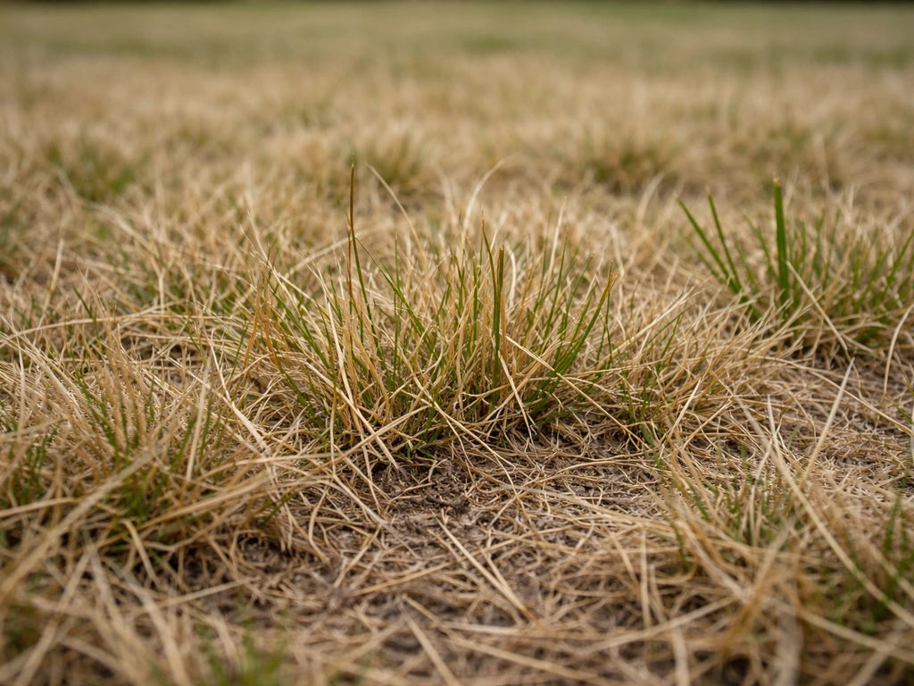 Gros plan de graminées de pelouse en dormance, aux teintes brun jaunâtre et beige typiques de l’hiver.
