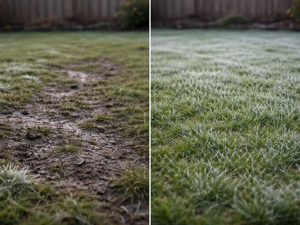 Deux zones de pelouse en hiver côte à côte : zone piétinée/compactée à gauche et pelouse intacte à droite.