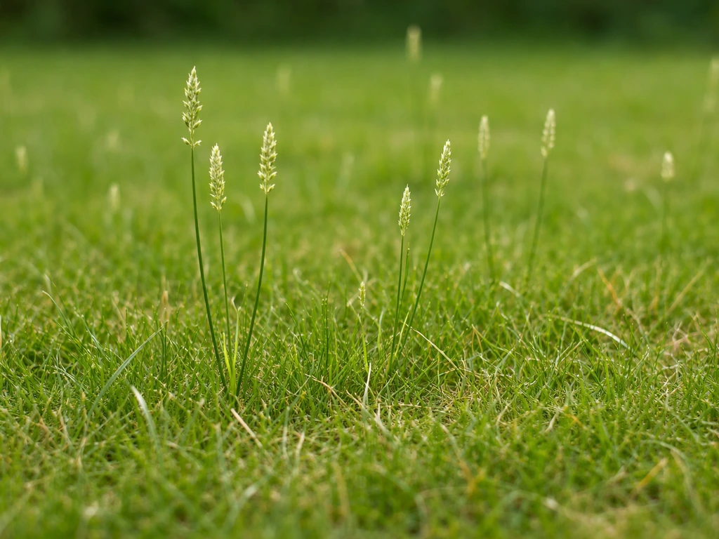 Gros plan sur une pelouse : de petites tiges dépassent du niveau de tonte et portent des inflorescences.