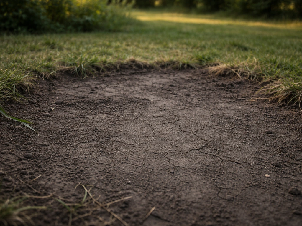 Détail d’une zone de sol compacté et piétinée, aspect “béton”, graminées rares au bord.