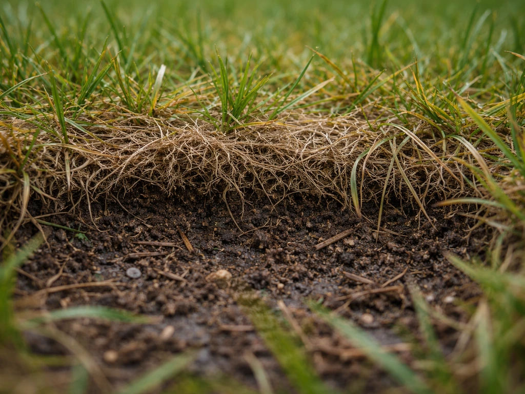 Pelouse montrant une couche de chaume épaisse entre les brins d’herbe et le sol