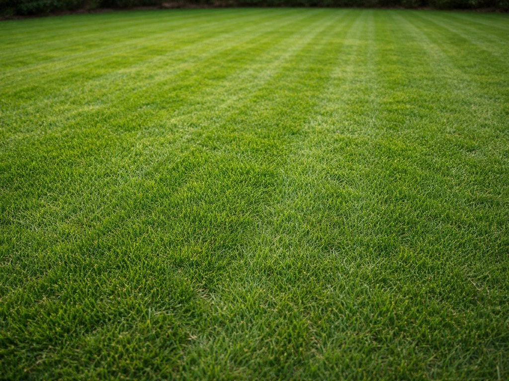 Pelouse fraîchement tondue, herbe à bonne hauteur, traces de coupe nettes, vue au sol sur un jardin.