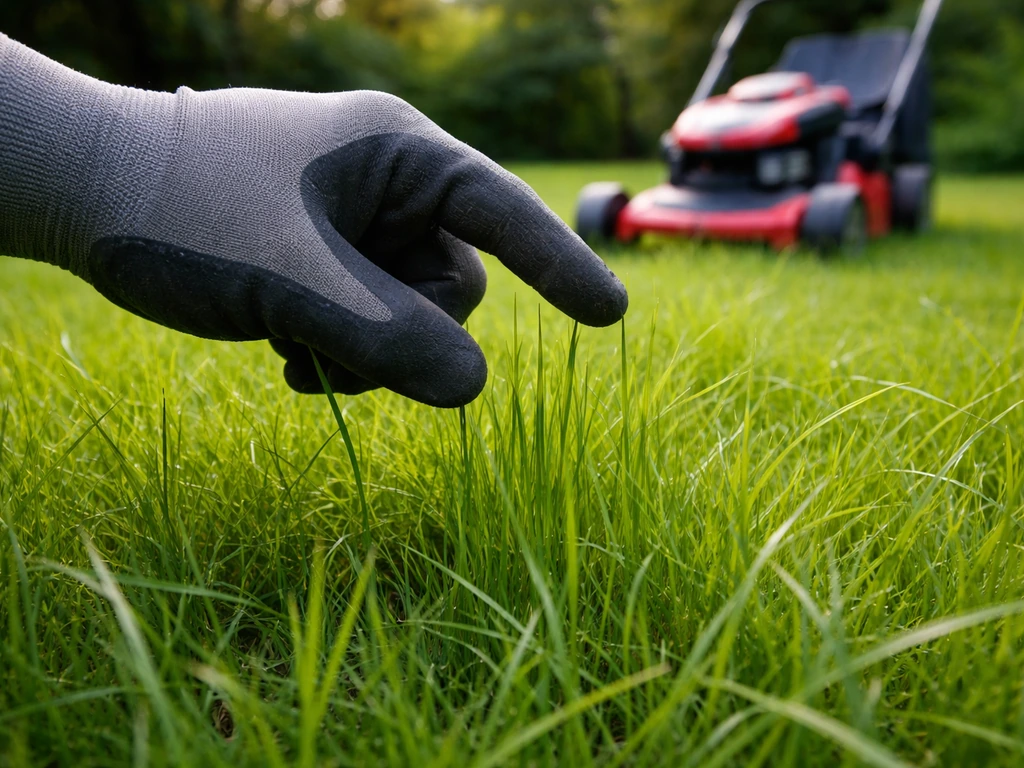 Main gantée et herbe dépassant 8–10 cm avec une tondeuse à l’arrière-plan, signal du moment de tondre