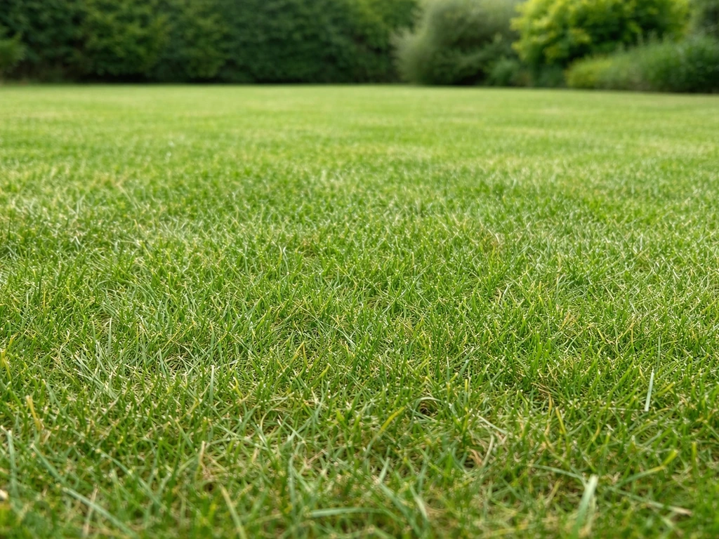 Gazon rustique après tonte, brins et densité irréguliers, pelouse naturelle au sol avec lumière douce