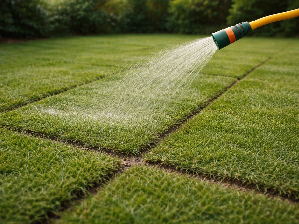 Arrosage au tuyau en pluie fine sur les bords d’un gazon en rouleaux, sol humidifié sans ruissellement.