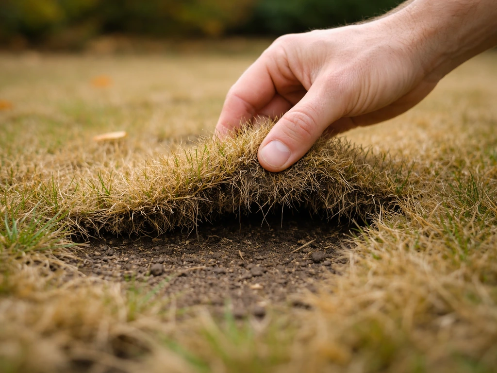 Main soulevant une motte d’herbe jaunie qui se décolle facilement, révélant un gazon abîmé.