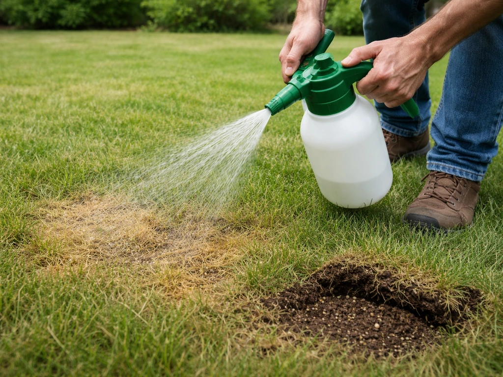 Mains appliquant un traitement aux nématodes sur une pelouse jaunie, sol visible et arrosage contrôlé