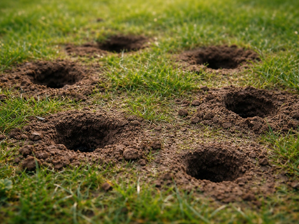 Gros plan de plusieurs trous dans le gazon avec terre affaissée et formes différentes.